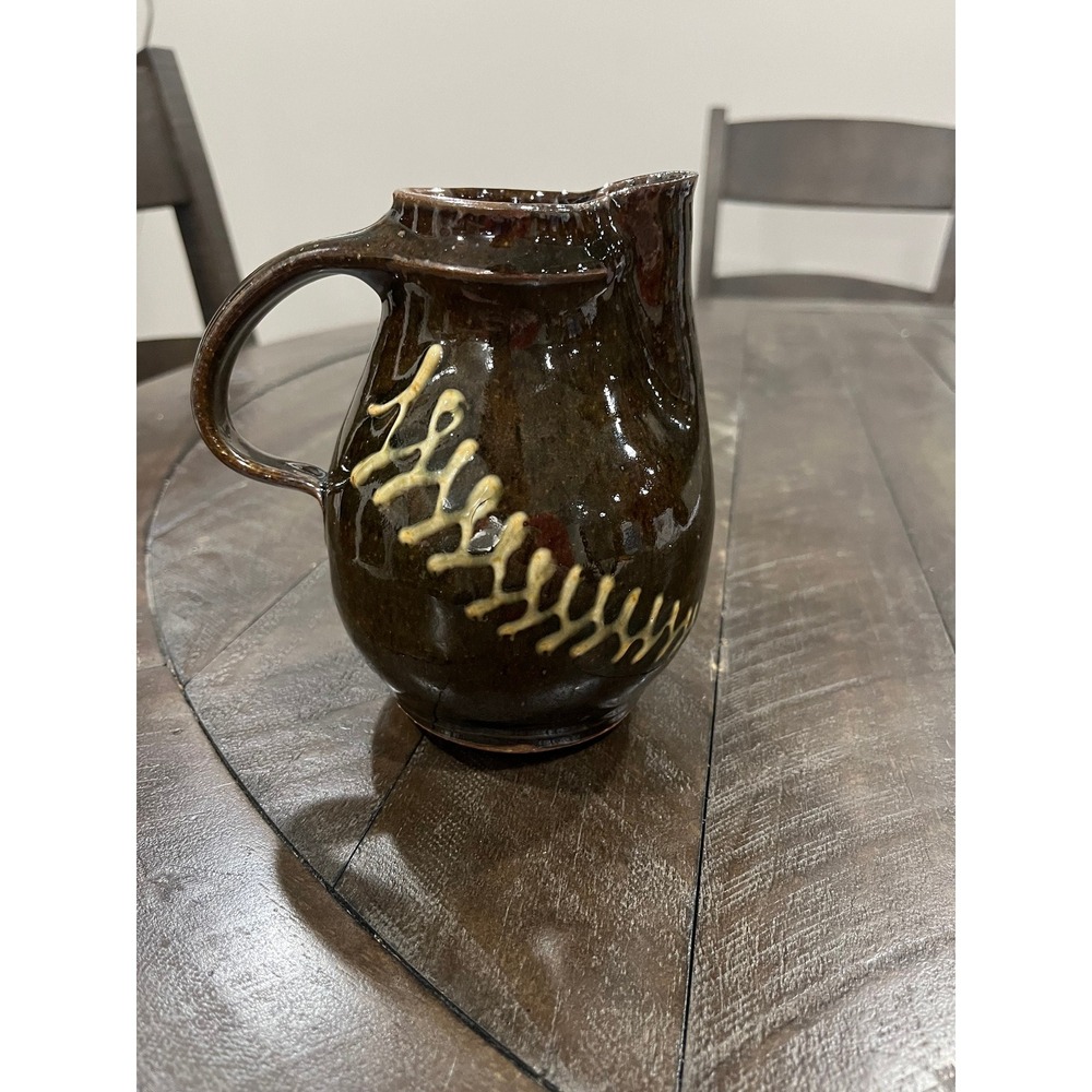 Duel Art Pottery Brown Pitcher Glazed Zigzag Design Studio Handmade Signed